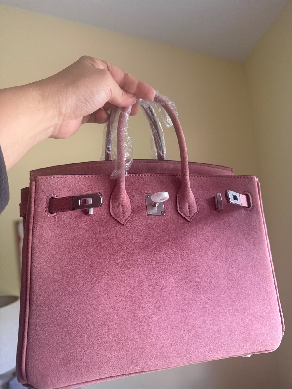 Elegant Pink Suede Handbag 25 cm